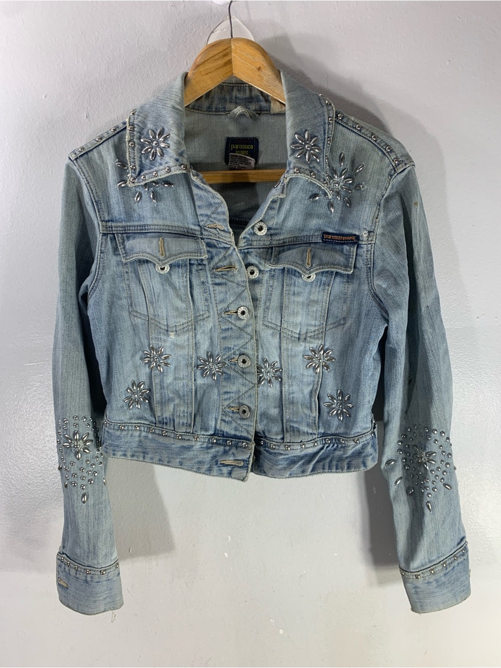 Vintage Parasuco Jeans Studded Floral Denim Jacket Y2K Extreme Fit S/P